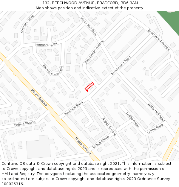 132, BEECHWOOD AVENUE, BRADFORD, BD6 3AN: Location map and indicative extent of plot