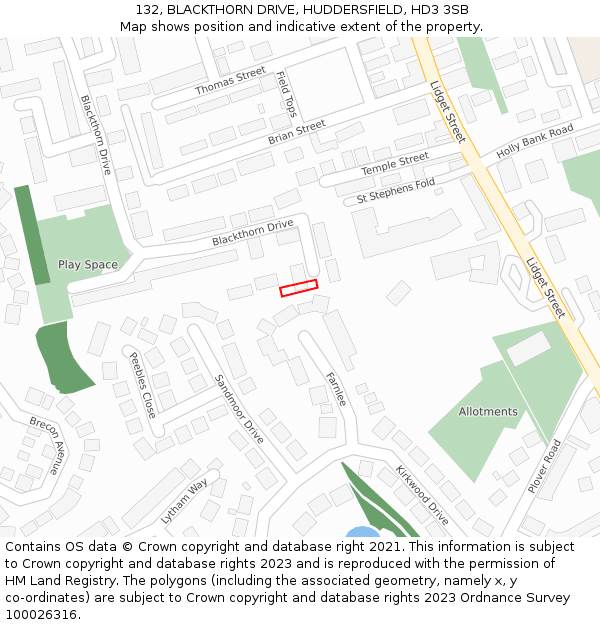 132, BLACKTHORN DRIVE, HUDDERSFIELD, HD3 3SB: Location map and indicative extent of plot