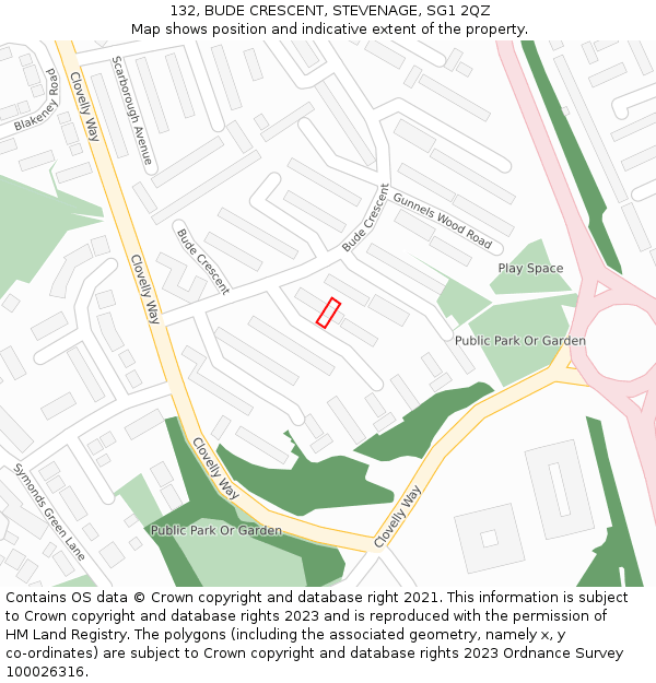 132, BUDE CRESCENT, STEVENAGE, SG1 2QZ: Location map and indicative extent of plot