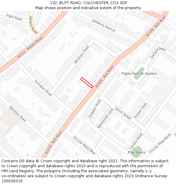 132, BUTT ROAD, COLCHESTER, CO3 3DP: Location map and indicative extent of plot