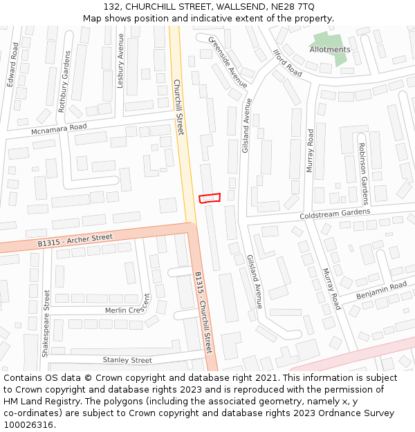 132, CHURCHILL STREET, WALLSEND, NE28 7TQ: Location map and indicative extent of plot
