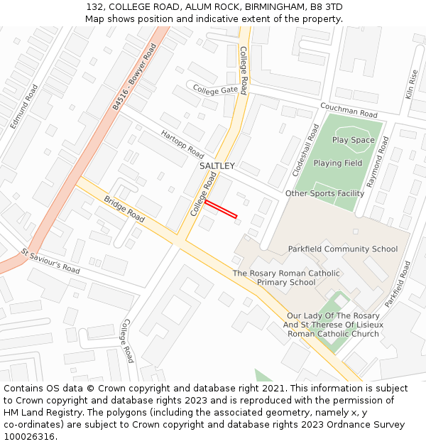 132, COLLEGE ROAD, ALUM ROCK, BIRMINGHAM, B8 3TD: Location map and indicative extent of plot