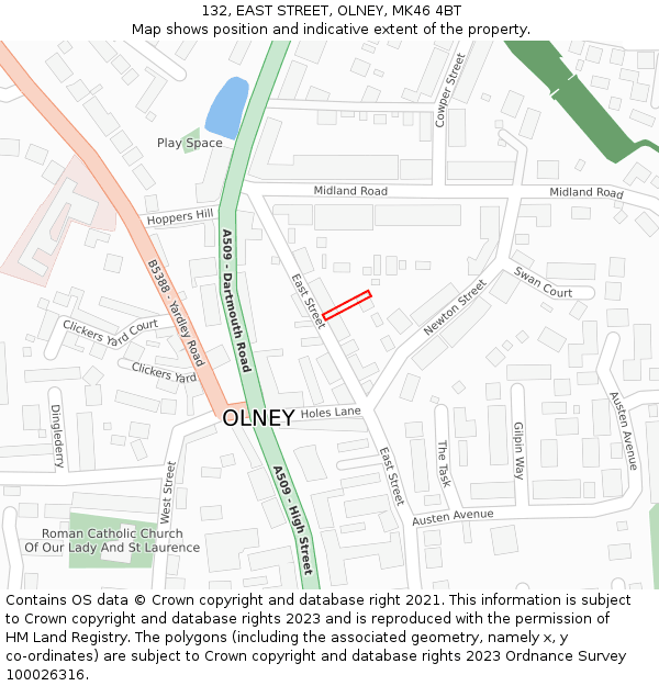 132, EAST STREET, OLNEY, MK46 4BT: Location map and indicative extent of plot