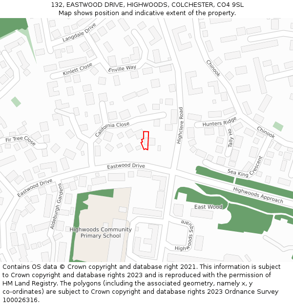 132, EASTWOOD DRIVE, HIGHWOODS, COLCHESTER, CO4 9SL: Location map and indicative extent of plot