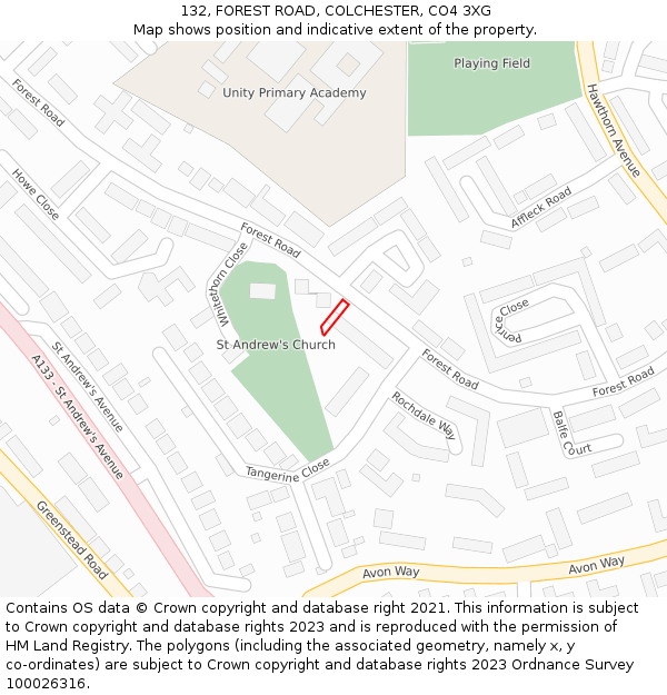 132, FOREST ROAD, COLCHESTER, CO4 3XG: Location map and indicative extent of plot