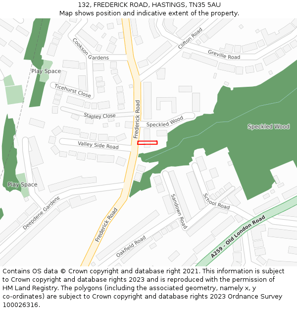 132, FREDERICK ROAD, HASTINGS, TN35 5AU: Location map and indicative extent of plot