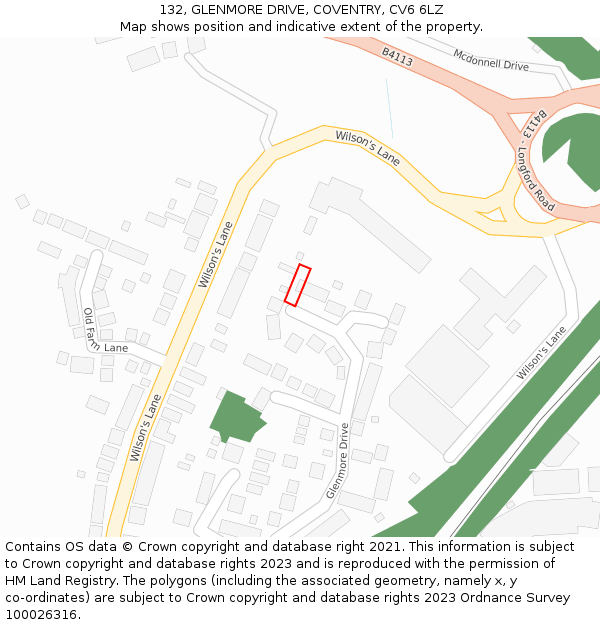 132, GLENMORE DRIVE, COVENTRY, CV6 6LZ: Location map and indicative extent of plot