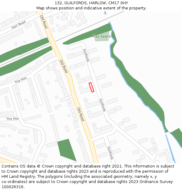 132, GUILFORDS, HARLOW, CM17 0HY: Location map and indicative extent of plot