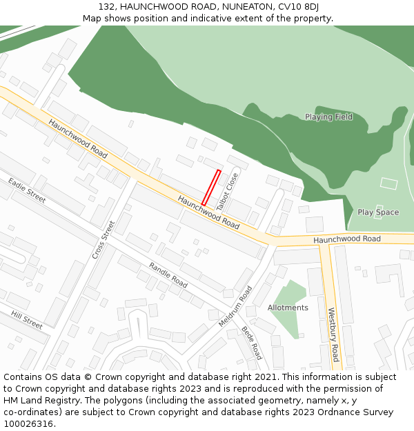 132, HAUNCHWOOD ROAD, NUNEATON, CV10 8DJ: Location map and indicative extent of plot