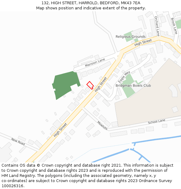 132, HIGH STREET, HARROLD, BEDFORD, MK43 7EA: Location map and indicative extent of plot