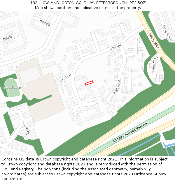 132, HOWLAND, ORTON GOLDHAY, PETERBOROUGH, PE2 5QZ: Location map and indicative extent of plot