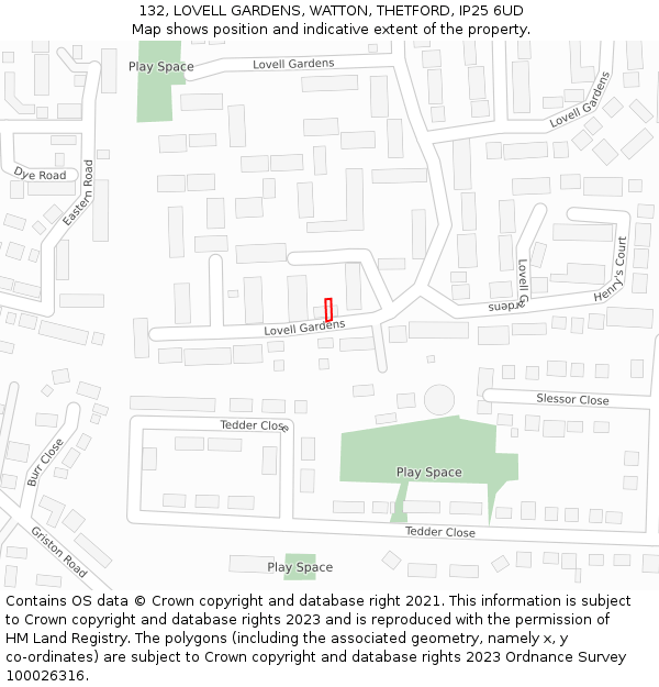 132, LOVELL GARDENS, WATTON, THETFORD, IP25 6UD: Location map and indicative extent of plot