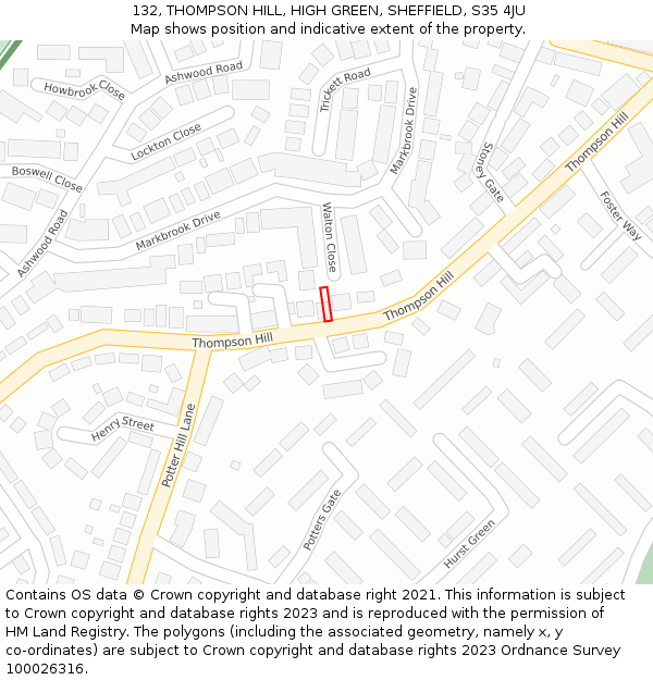 132, THOMPSON HILL, HIGH GREEN, SHEFFIELD, S35 4JU: Location map and indicative extent of plot