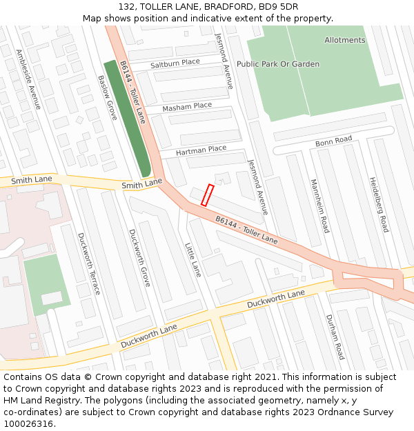 132, TOLLER LANE, BRADFORD, BD9 5DR: Location map and indicative extent of plot