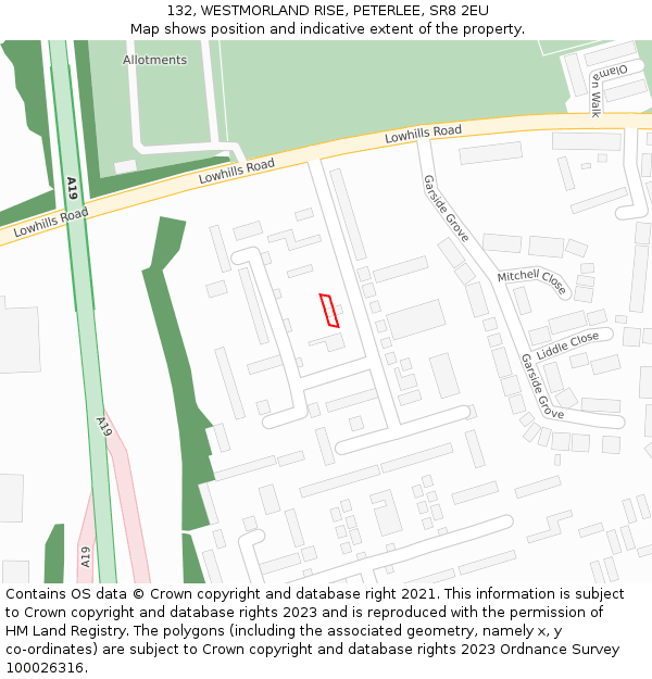 132, WESTMORLAND RISE, PETERLEE, SR8 2EU: Location map and indicative extent of plot