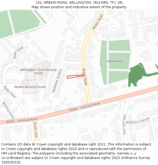 132, WREKIN ROAD, WELLINGTON, TELFORD, TF1 1RL: Location map and indicative extent of plot