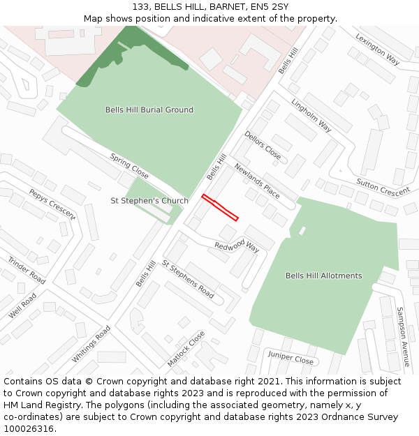 133, BELLS HILL, BARNET, EN5 2SY: Location map and indicative extent of plot