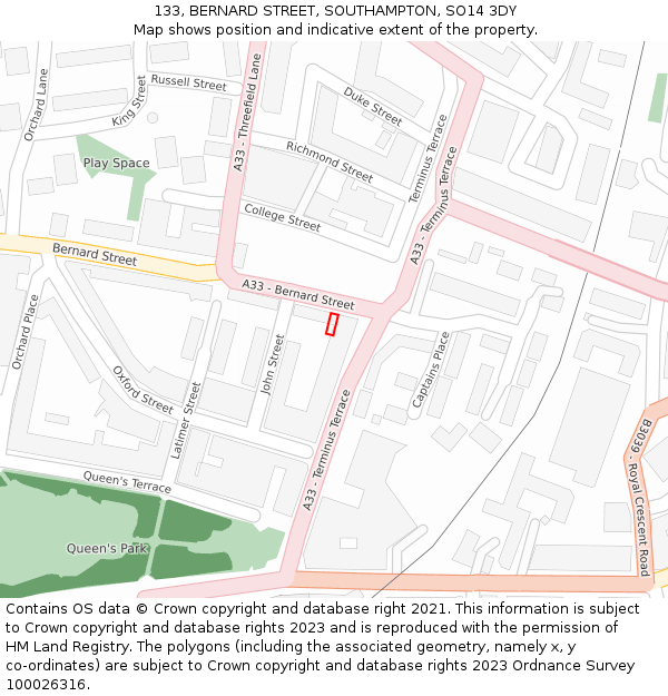 133, BERNARD STREET, SOUTHAMPTON, SO14 3DY: Location map and indicative extent of plot