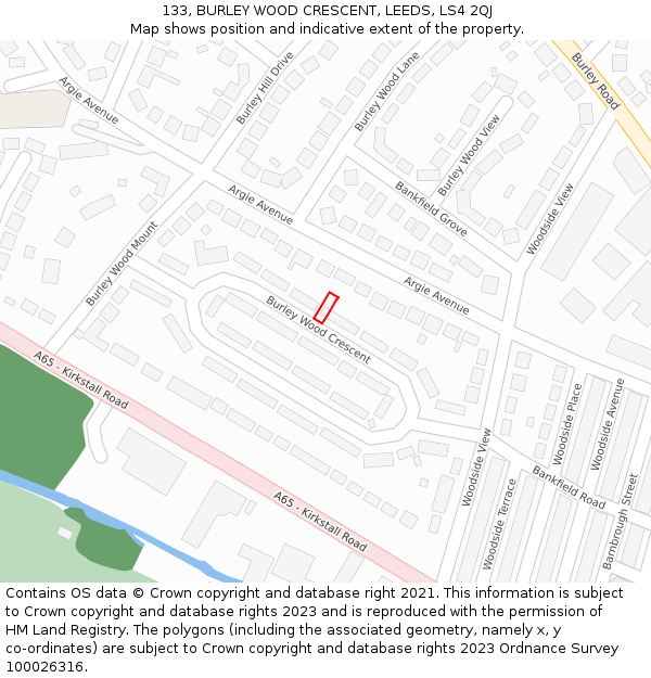 133, BURLEY WOOD CRESCENT, LEEDS, LS4 2QJ: Location map and indicative extent of plot