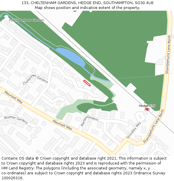 133, CHELTENHAM GARDENS, HEDGE END, SOUTHAMPTON, SO30 4UE: Location map and indicative extent of plot