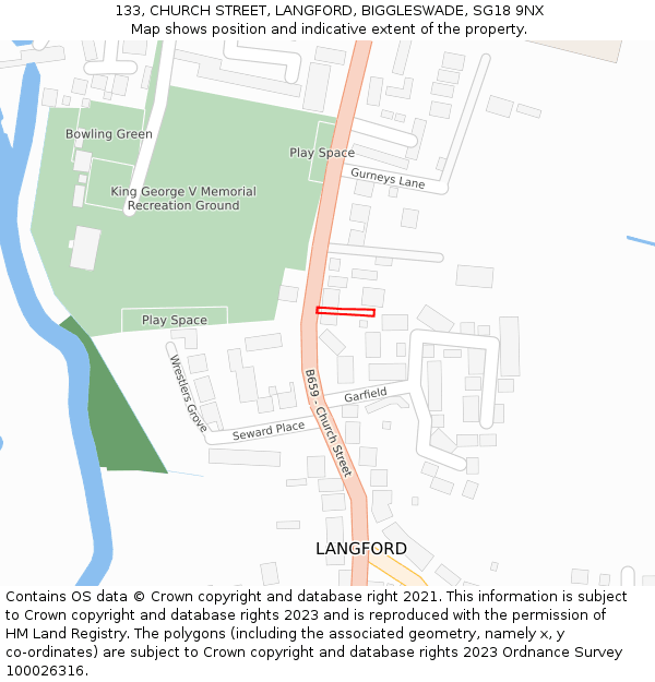 133, CHURCH STREET, LANGFORD, BIGGLESWADE, SG18 9NX: Location map and indicative extent of plot