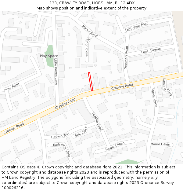 133, CRAWLEY ROAD, HORSHAM, RH12 4DX: Location map and indicative extent of plot