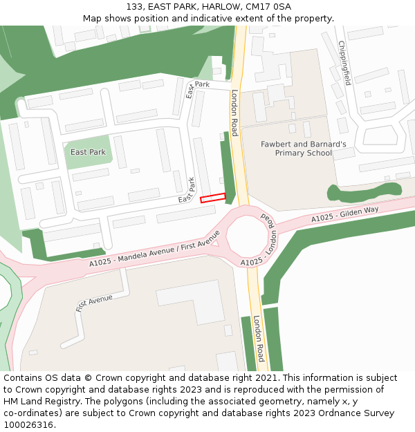 133, EAST PARK, HARLOW, CM17 0SA: Location map and indicative extent of plot