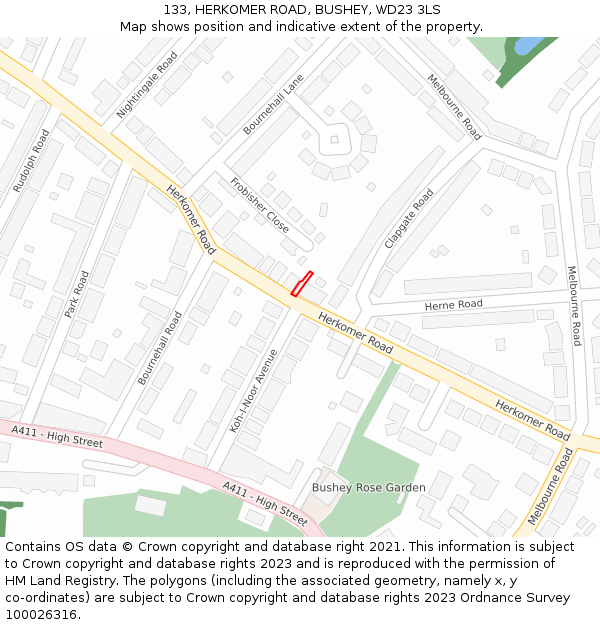 133, HERKOMER ROAD, BUSHEY, WD23 3LS: Location map and indicative extent of plot