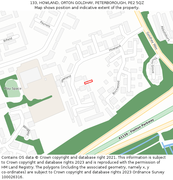 133, HOWLAND, ORTON GOLDHAY, PETERBOROUGH, PE2 5QZ: Location map and indicative extent of plot