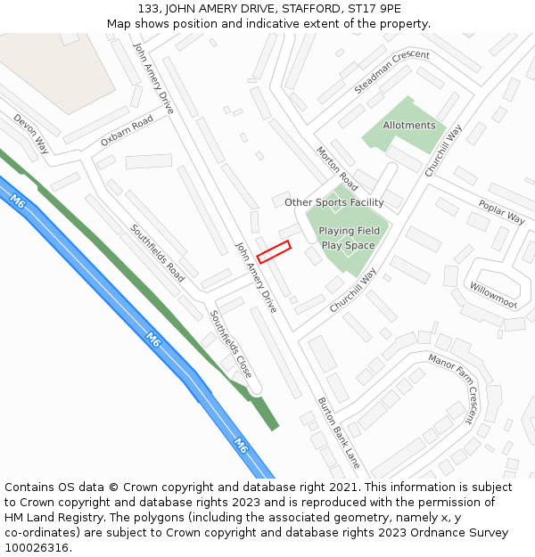 133, JOHN AMERY DRIVE, STAFFORD, ST17 9PE: Location map and indicative extent of plot