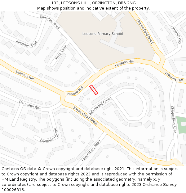 133, LEESONS HILL, ORPINGTON, BR5 2NG: Location map and indicative extent of plot