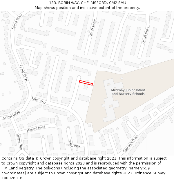 133, ROBIN WAY, CHELMSFORD, CM2 8AU: Location map and indicative extent of plot