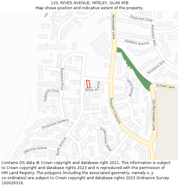 133, RYVES AVENUE, YATELEY, GU46 6FB: Location map and indicative extent of plot
