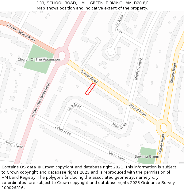 133, SCHOOL ROAD, HALL GREEN, BIRMINGHAM, B28 8JF: Location map and indicative extent of plot