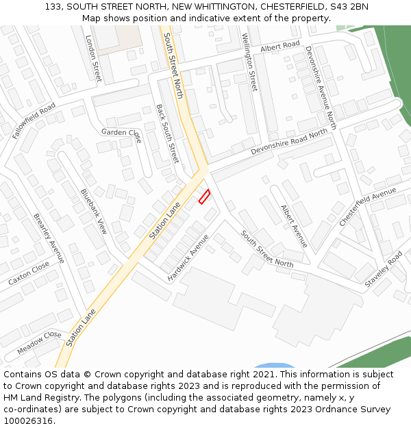 133, SOUTH STREET NORTH, NEW WHITTINGTON, CHESTERFIELD, S43 2BN: Location map and indicative extent of plot
