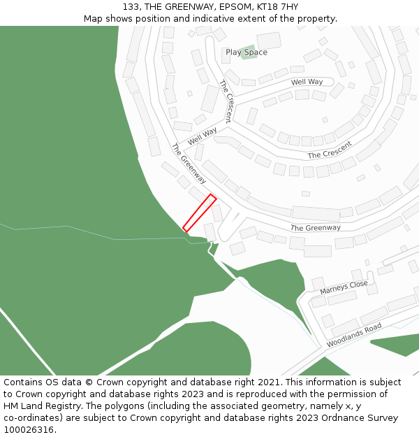 133, THE GREENWAY, EPSOM, KT18 7HY: Location map and indicative extent of plot