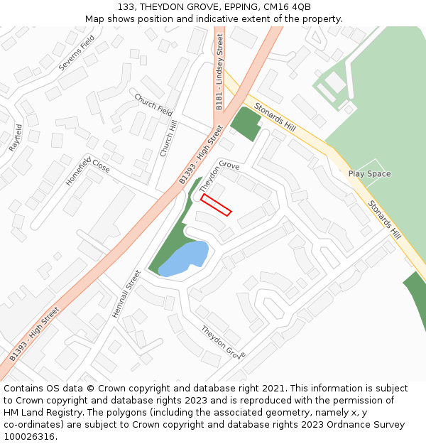 133, THEYDON GROVE, EPPING, CM16 4QB: Location map and indicative extent of plot