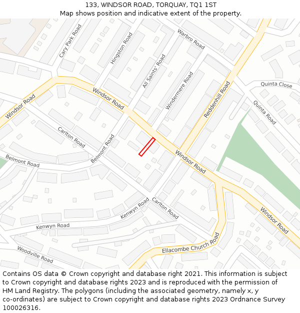 133, WINDSOR ROAD, TORQUAY, TQ1 1ST: Location map and indicative extent of plot