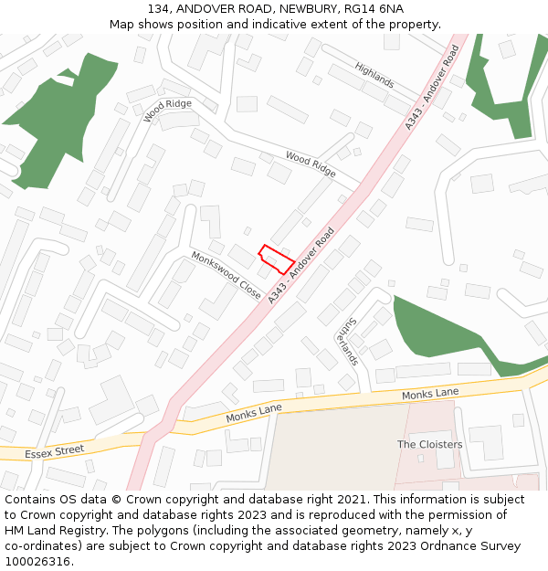 134, ANDOVER ROAD, NEWBURY, RG14 6NA: Location map and indicative extent of plot