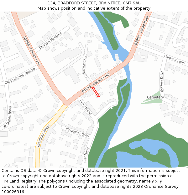 134, BRADFORD STREET, BRAINTREE, CM7 9AU: Location map and indicative extent of plot