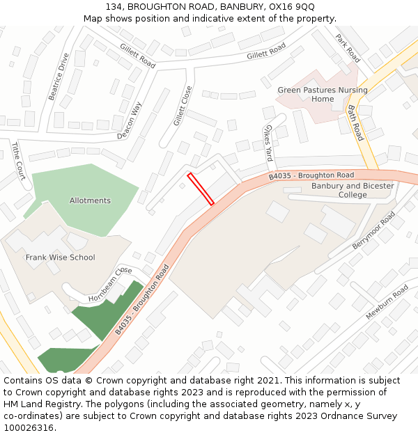 134, BROUGHTON ROAD, BANBURY, OX16 9QQ: Location map and indicative extent of plot