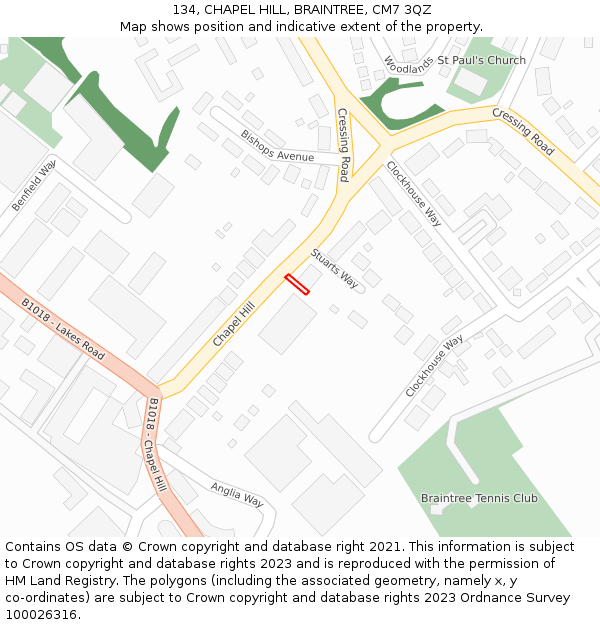 134, CHAPEL HILL, BRAINTREE, CM7 3QZ: Location map and indicative extent of plot