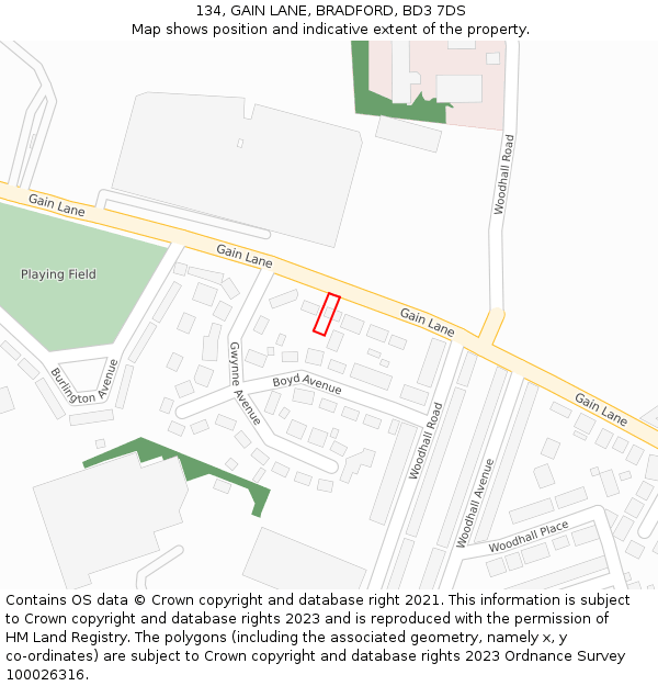 134, GAIN LANE, BRADFORD, BD3 7DS: Location map and indicative extent of plot