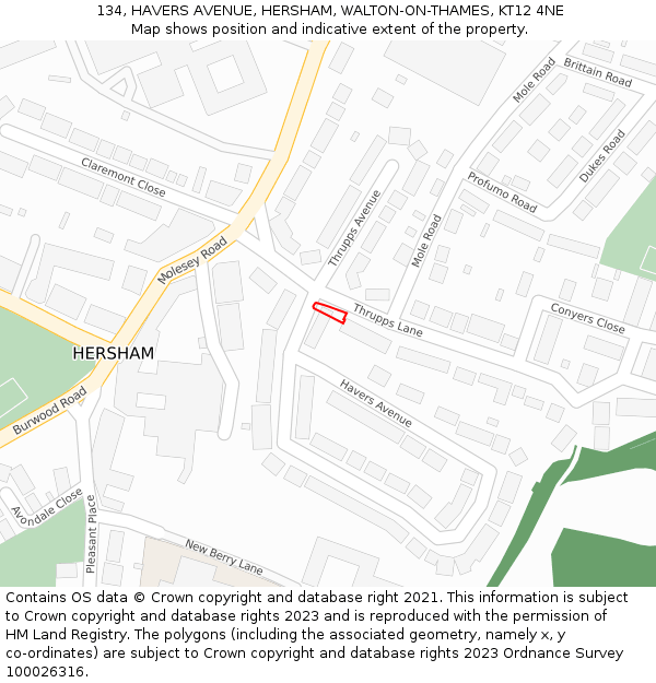 134, HAVERS AVENUE, HERSHAM, WALTON-ON-THAMES, KT12 4NE: Location map and indicative extent of plot