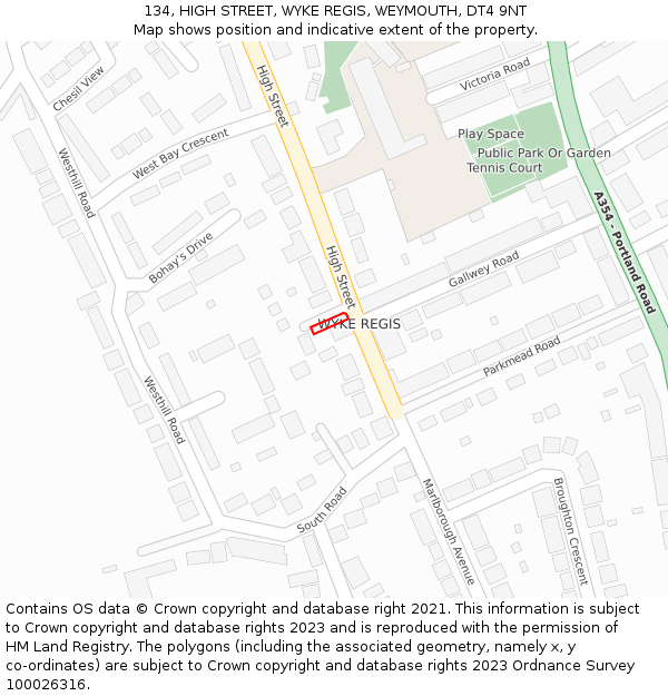134, HIGH STREET, WYKE REGIS, WEYMOUTH, DT4 9NT: Location map and indicative extent of plot