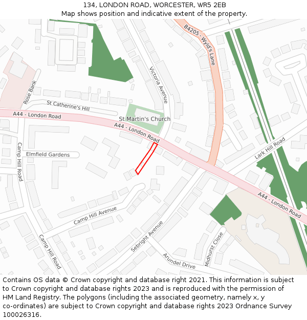 134, LONDON ROAD, WORCESTER, WR5 2EB: Location map and indicative extent of plot