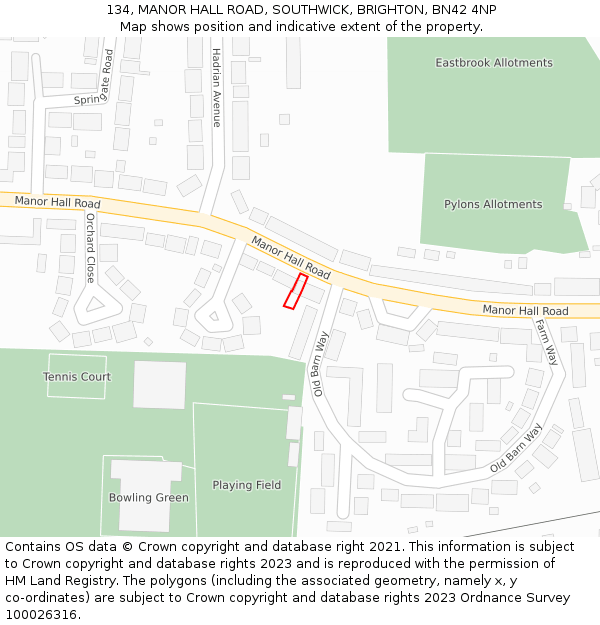 134, MANOR HALL ROAD, SOUTHWICK, BRIGHTON, BN42 4NP: Location map and indicative extent of plot
