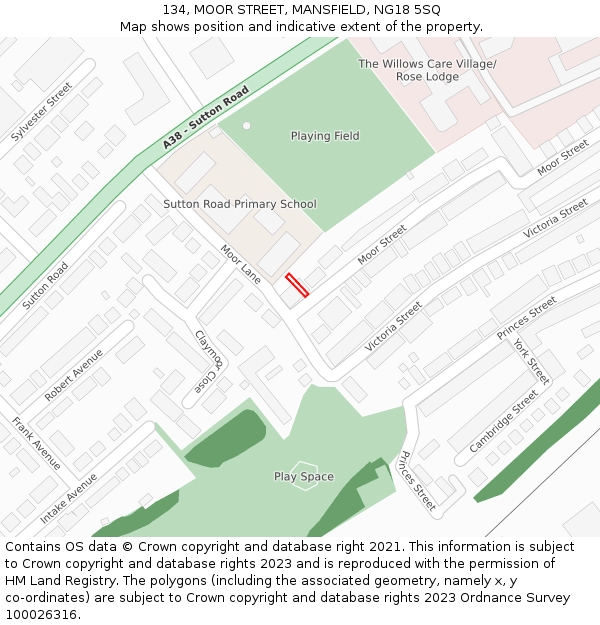 134, MOOR STREET, MANSFIELD, NG18 5SQ: Location map and indicative extent of plot