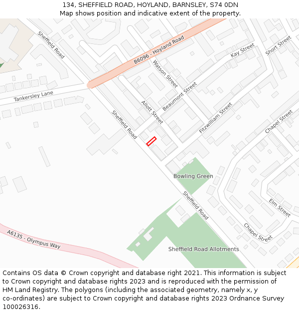 134, SHEFFIELD ROAD, HOYLAND, BARNSLEY, S74 0DN: Location map and indicative extent of plot
