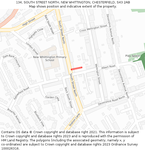 134, SOUTH STREET NORTH, NEW WHITTINGTON, CHESTERFIELD, S43 2AB: Location map and indicative extent of plot